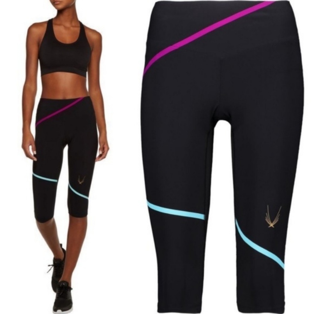 Lucas Hugh Striped Mesh Cropped Capri Leggings Athleisure